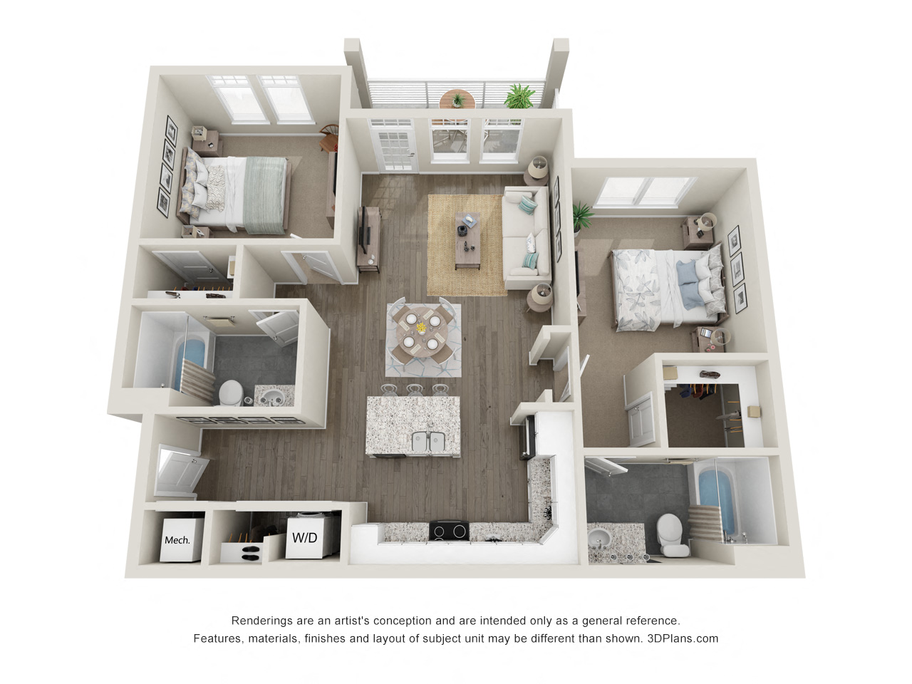 Floor plan for 2 beds, 2 baths, 1018 sqft